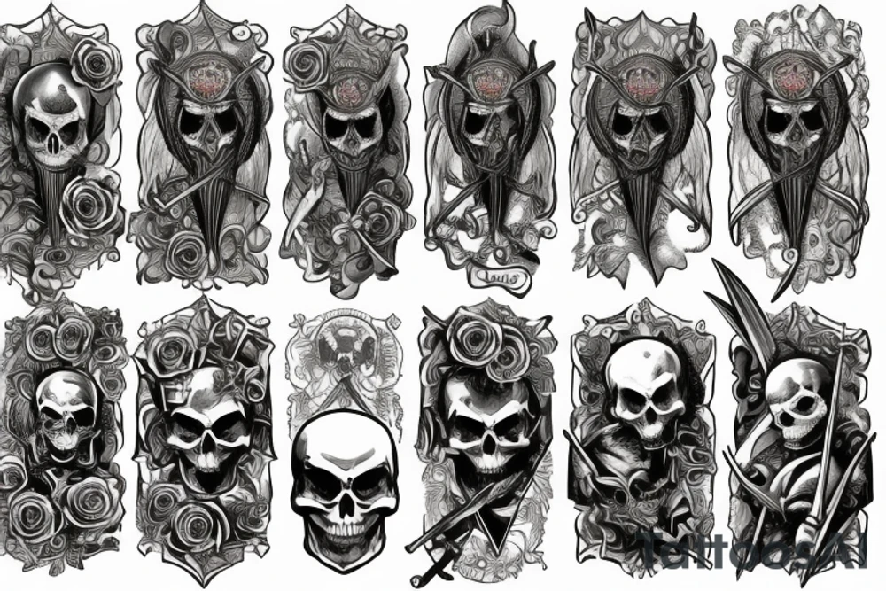 a back tattoo of a fight, archangel michael with a sword, a scythe, a skull, good and evil, an angel, death tarot, 111, vulture, and roses tattoo idea