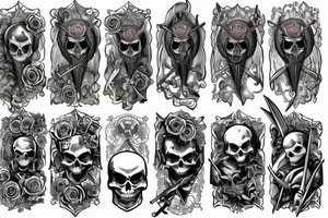 a back tattoo of a fight, archangel michael with a sword, a scythe, a skull, good and evil, an angel, death tarot, 111, vulture, and roses tattoo idea