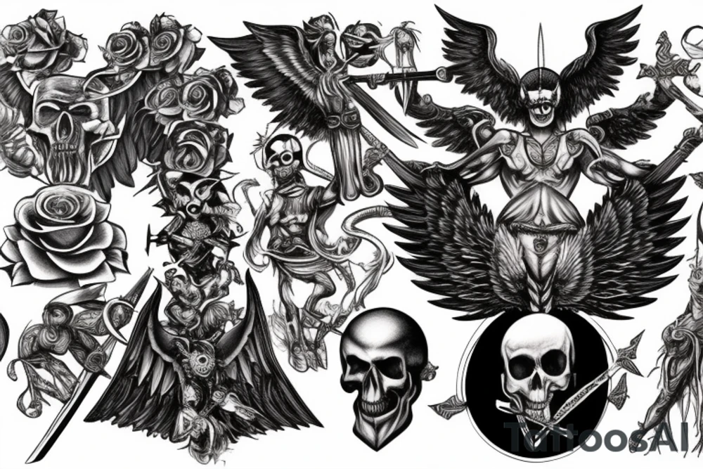 a back tattoo of a fight, archangel michael with a sword, a scythe, a skull, good and evil, an angel, death tarot, 111, vulture, and roses tattoo idea
