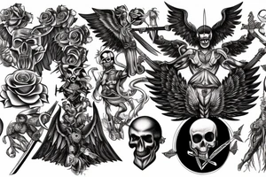 a back tattoo of a fight, archangel michael with a sword, a scythe, a skull, good and evil, an angel, death tarot, 111, vulture, and roses tattoo idea