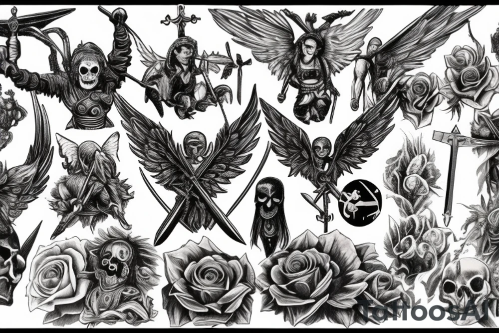 a back tattoo of a fight, archangel michael with a sword, a scythe, a skull, good and evil, an angel, death tarot, 111, vulture, and roses tattoo idea