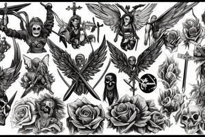 a back tattoo of a fight, archangel michael with a sword, a scythe, a skull, good and evil, an angel, death tarot, 111, vulture, and roses tattoo idea