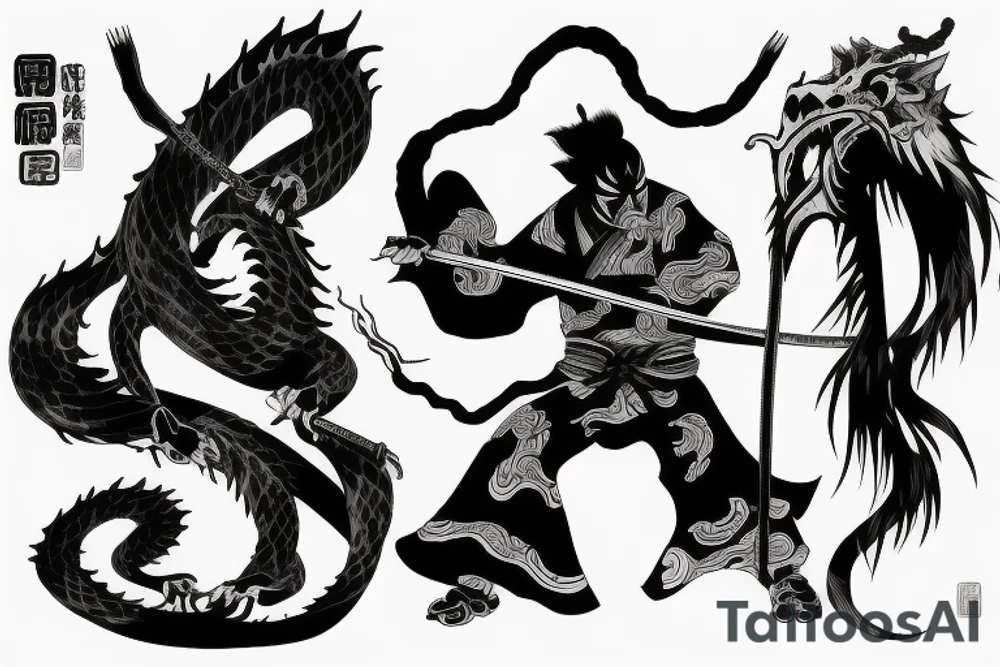 Ghost samurai fighting Japanese dragon tattoo idea