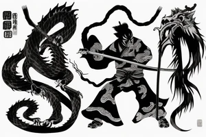 Ghost samurai fighting Japanese dragon tattoo idea
