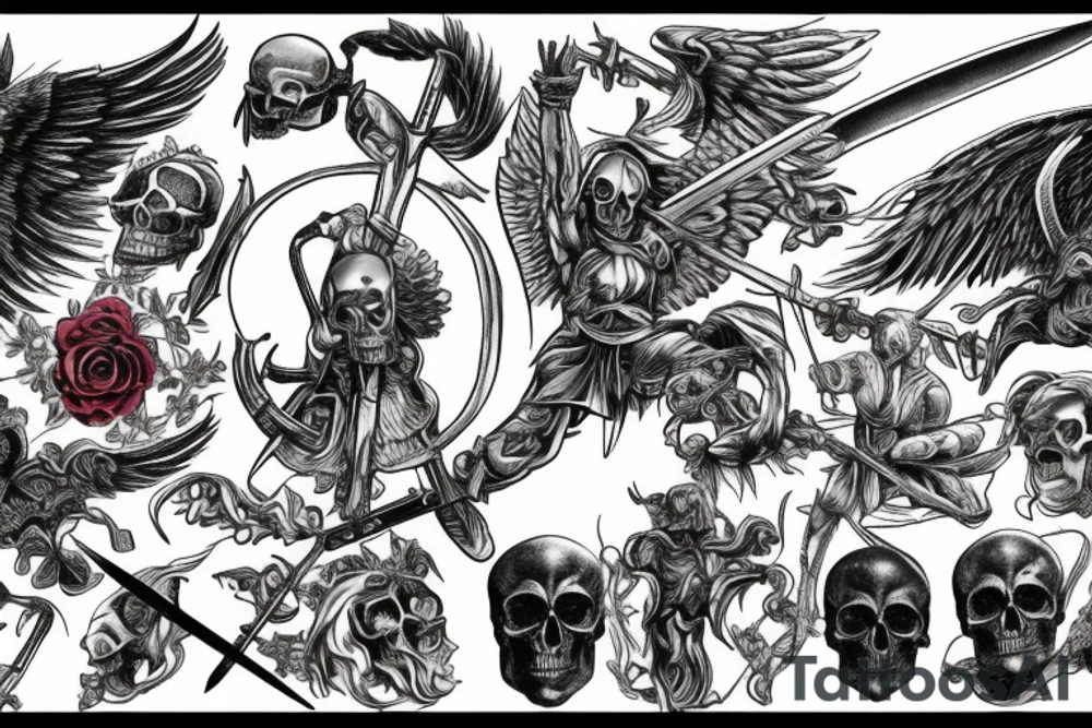 a back tattoo of a fight, archangel michael with a sword, a scythe, a skull, good and evil, an angel, death tarot, 111, vulture, and roses tattoo idea