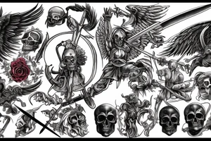 a back tattoo of a fight, archangel michael with a sword, a scythe, a skull, good and evil, an angel, death tarot, 111, vulture, and roses tattoo idea