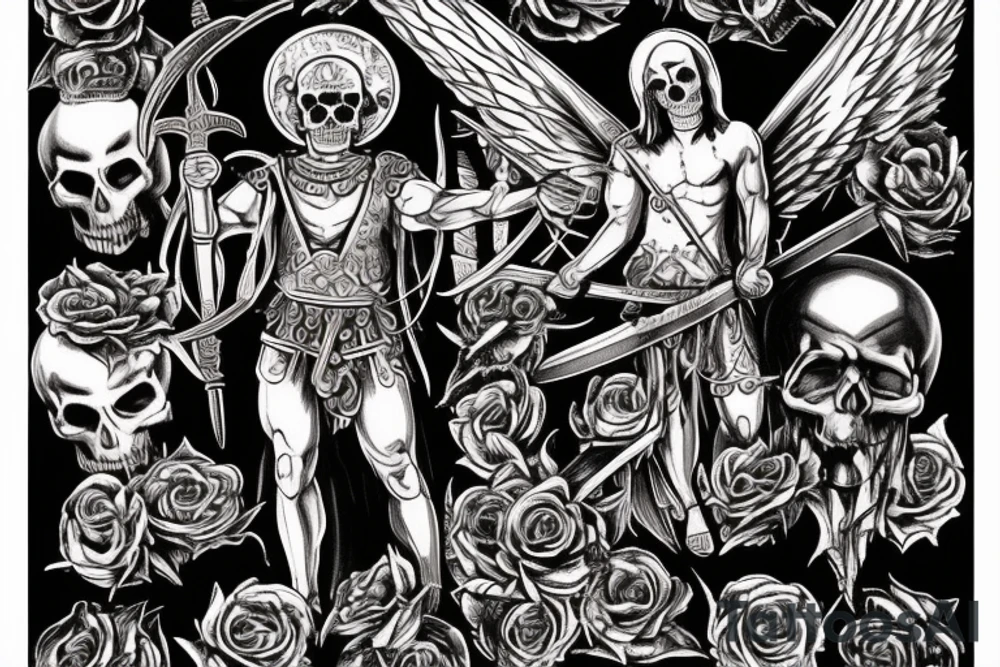 a back tattoo of a fight, archangel michael with a sword, a scythe, a skull, good and evil, an angel, death tarot, 111, vulture, and roses tattoo idea