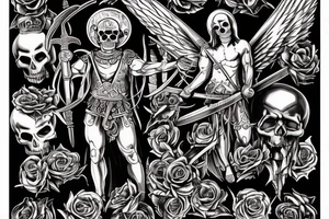 a back tattoo of a fight, archangel michael with a sword, a scythe, a skull, good and evil, an angel, death tarot, 111, vulture, and roses tattoo idea
