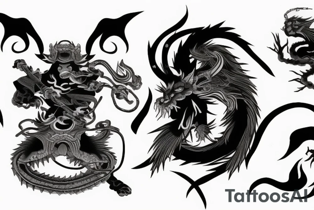 Ghost samurai fighting Japanese dragon tattoo idea