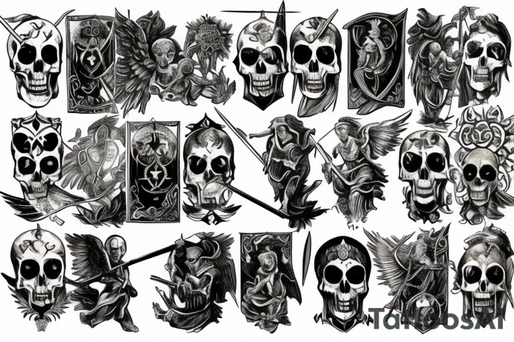 a back tattoo of a fight, archangel michael with a sword, a scythe, a skull, good and evil, an angel, death tarot, 111, vulture, and roses tattoo idea
