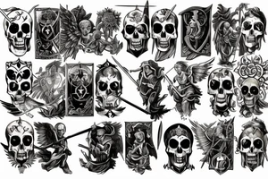 a back tattoo of a fight, archangel michael with a sword, a scythe, a skull, good and evil, an angel, death tarot, 111, vulture, and roses tattoo idea