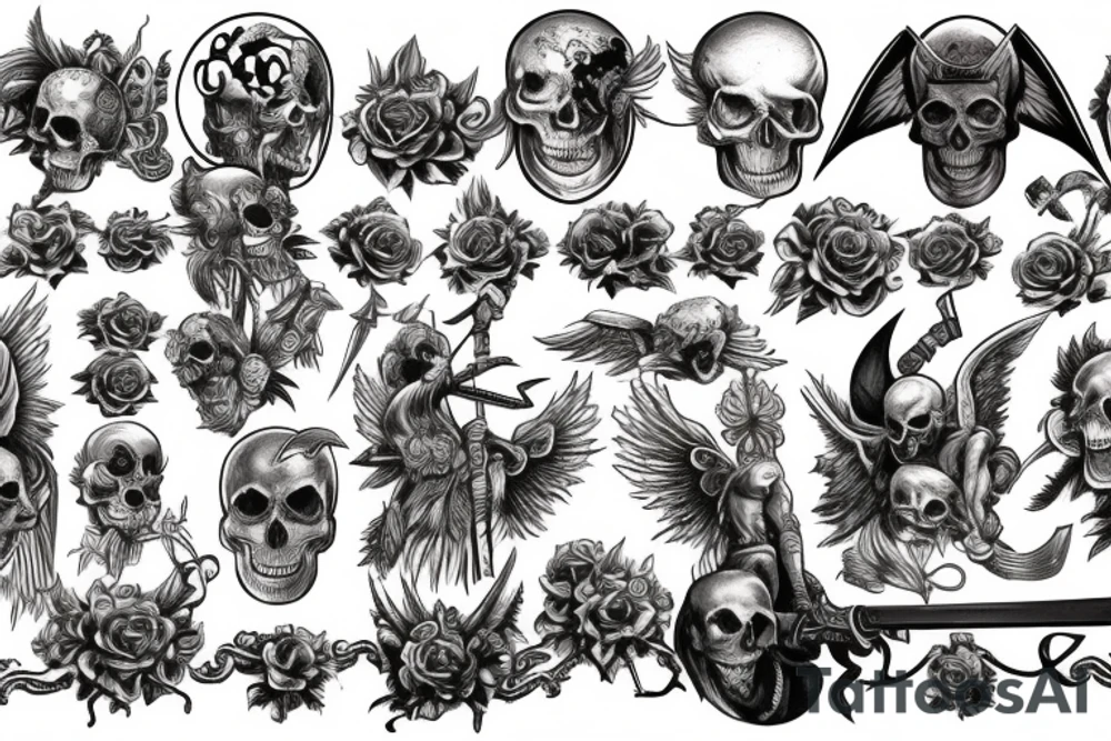 a back tattoo of a fight, archangel michael with a sword, a scythe, a skull, good and evil, an angel, death tarot, 111, vulture, and roses tattoo idea