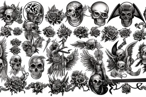a back tattoo of a fight, archangel michael with a sword, a scythe, a skull, good and evil, an angel, death tarot, 111, vulture, and roses tattoo idea