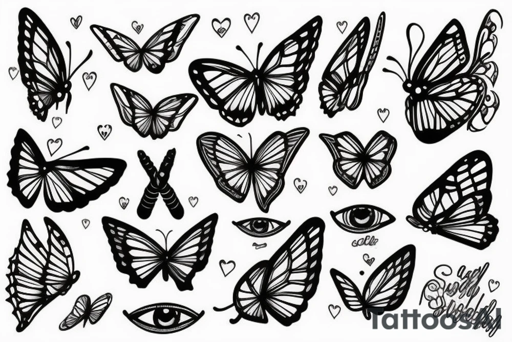 butterfly, eye, heart tattoo idea