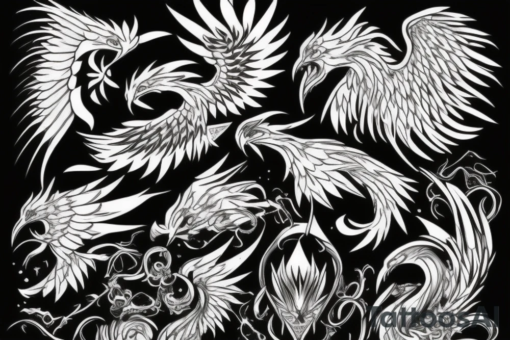 dark aggressiv phoenix detailled tattoo idea