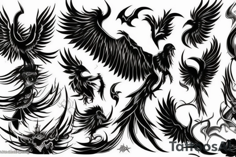 dark aggressiv phoenix detailled tattoo idea