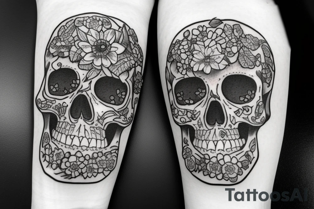 Skeleton in a field of flowers tattoo idea