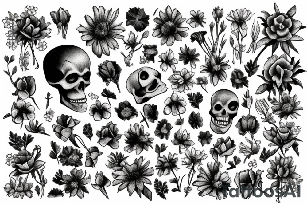 Skeleton in a field of flowers tattoo idea