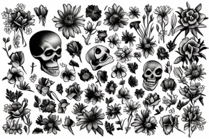Skeleton in a field of flowers tattoo idea