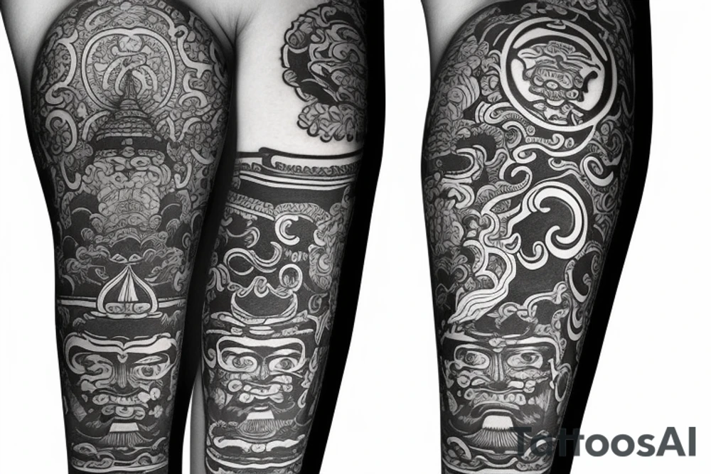 Arm sleeve with Thai Buddhist influences tattoo idea Arm sleeve with Thai Buddhist influences tattoo idea