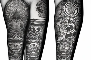 Arm sleeve with Thai Buddhist influences tattoo idea