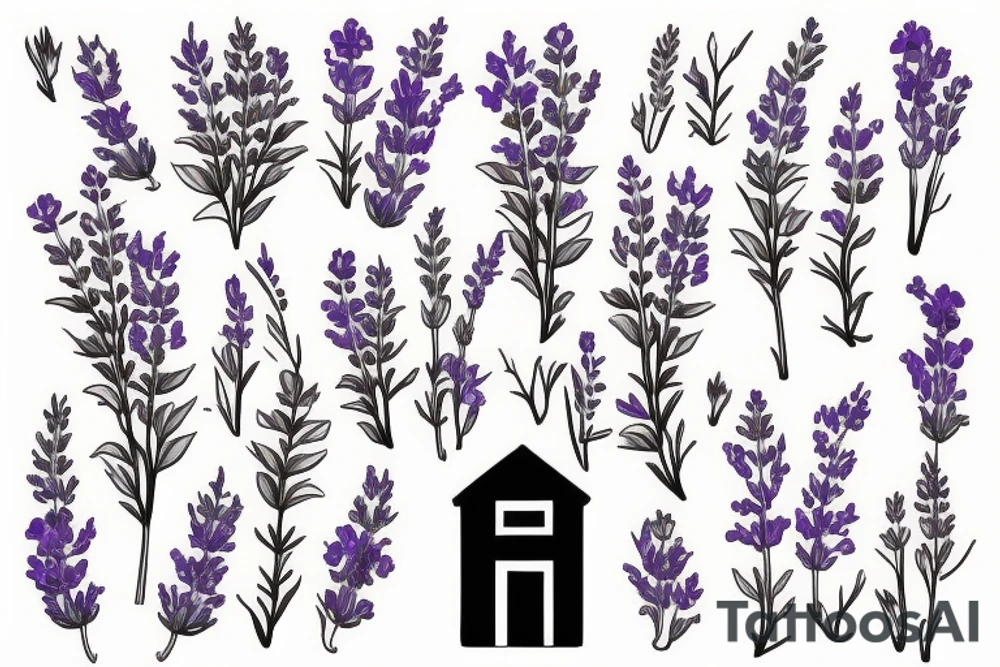 Minimal house with flowers of lavender out of it tattoo idea