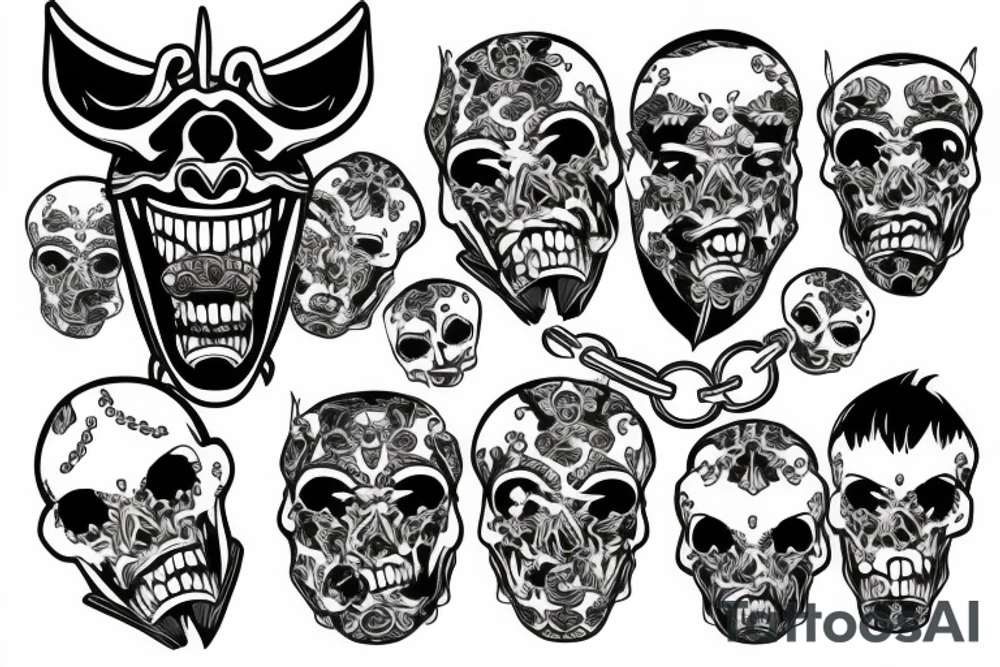 Hannya mask wearing a chain consisting of human skulls tattoo idea
