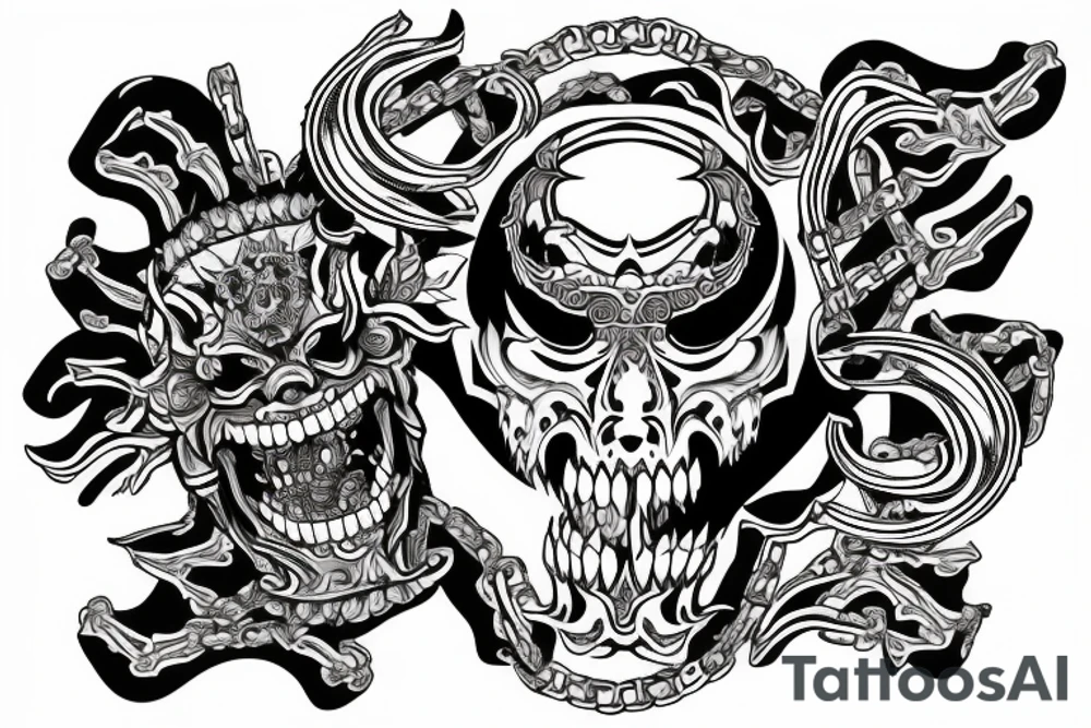 Hannya mask wearing a chain consisting of human skulls tattoo idea