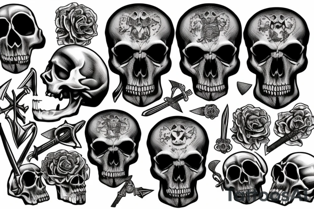 Human skull dark theme with a bone dagger tattoo idea Human skull dark theme with a bone dagger tattoo idea