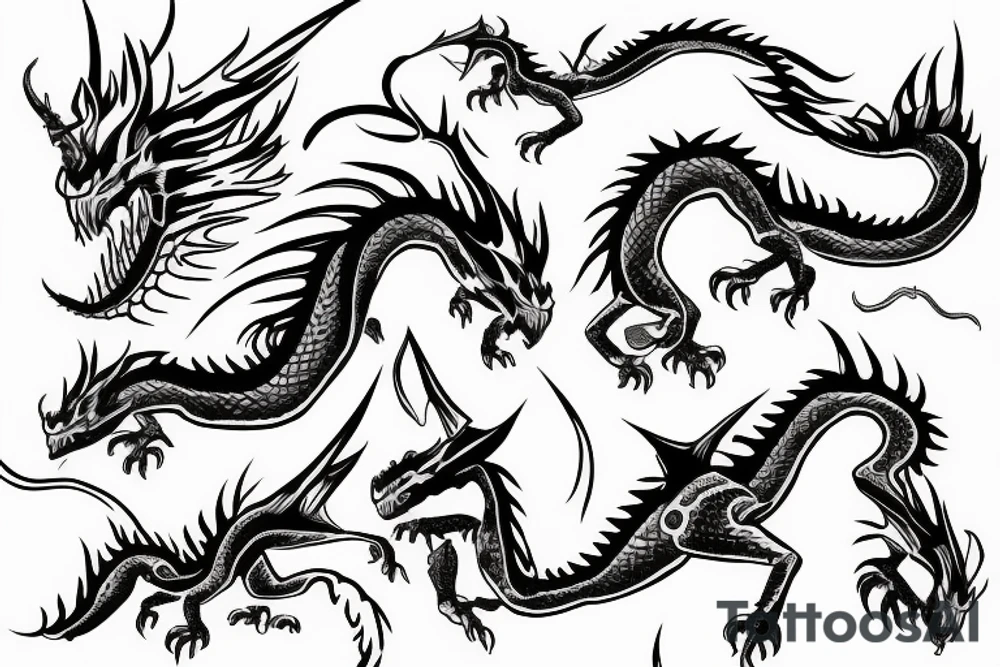 Dragon with thunder and tribal designs tattoo idea