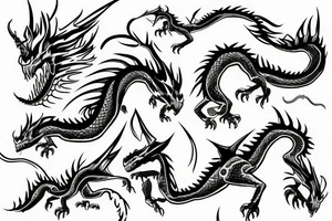 Dragon with thunder and tribal designs tattoo idea