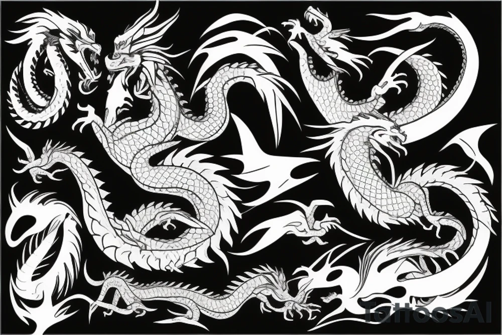 Dragon with thunder and tribal designs tattoo idea