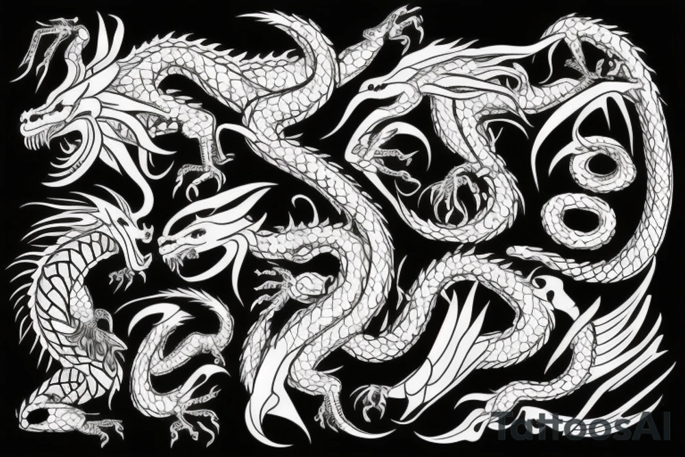 Dragon with thunder and tribal designs tattoo idea