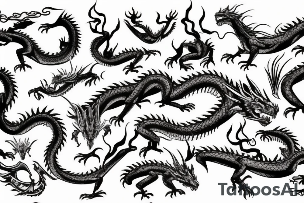 Dragon with thunder and tribal designs tattoo idea