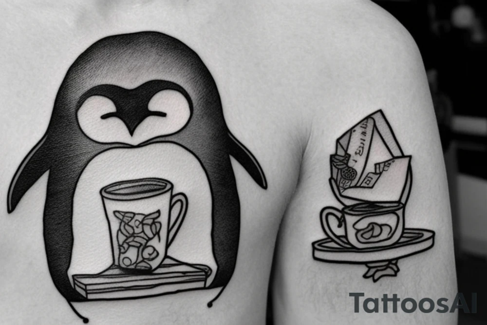 Penguin with a tea bag on its head tattoo idea