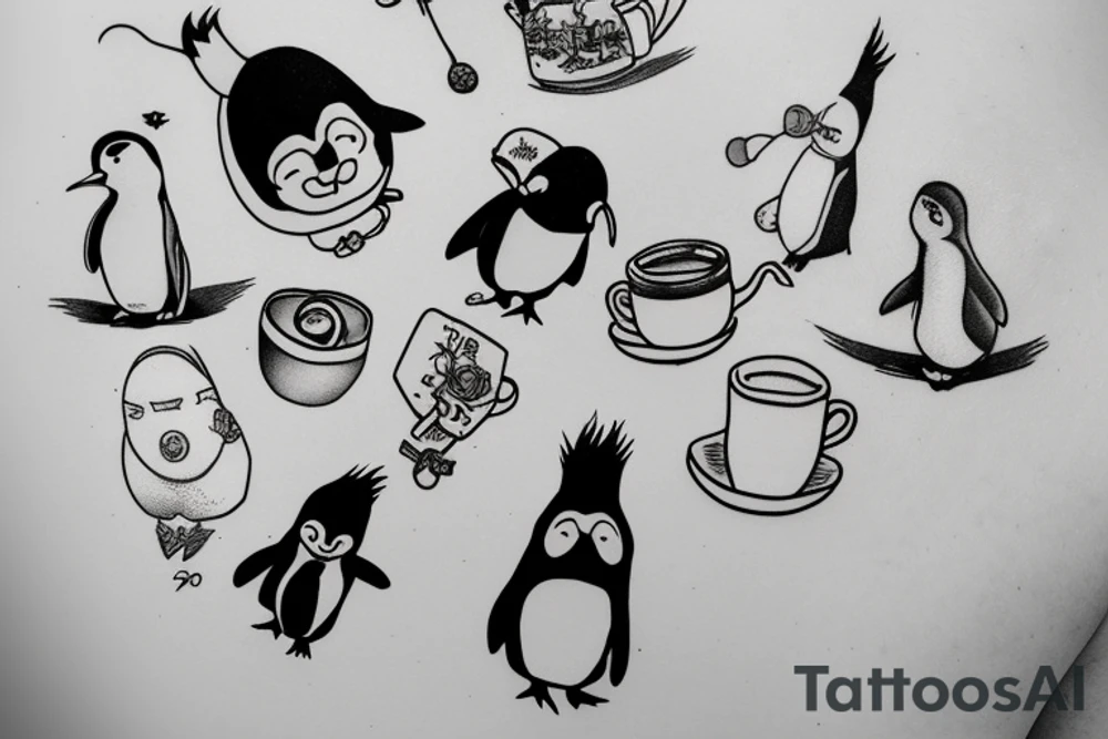 Penguin with a tea bag on its head tattoo idea