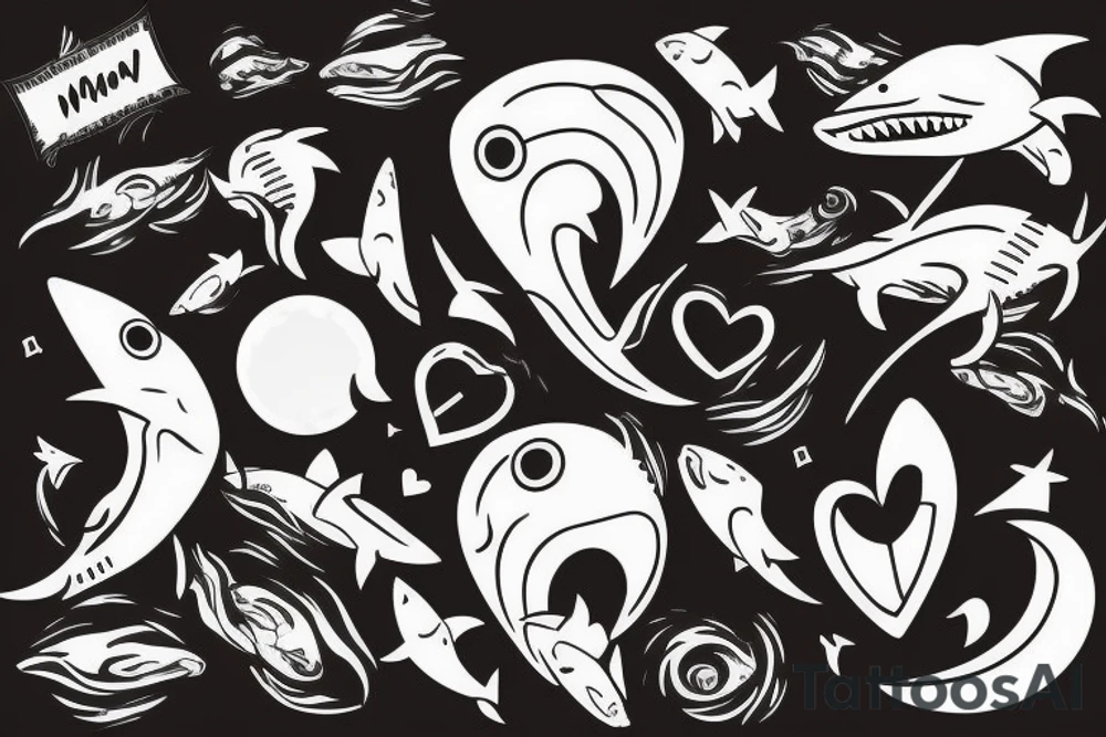 Shark, wave, moon, broken heart, arrow tattoo idea