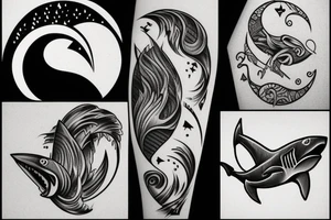Shark, wave, moon, broken heart, arrow tattoo idea