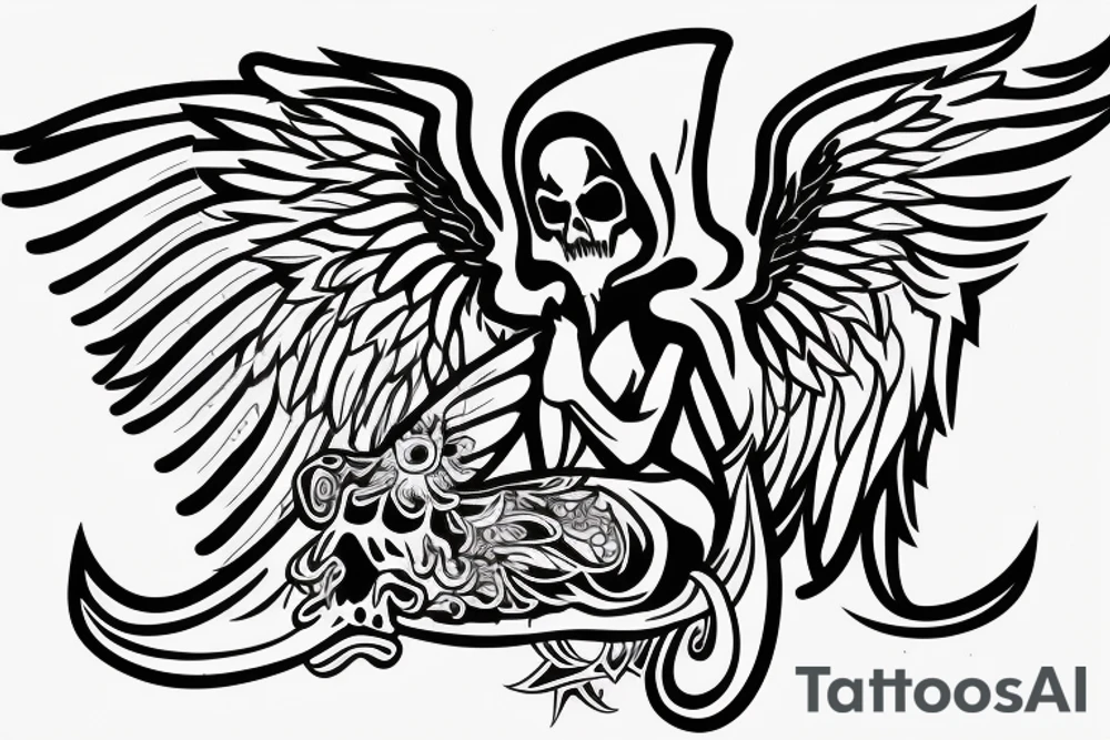 Grim reaper sitting on own wings without face, with the writing occulta apparentia tattoo idea