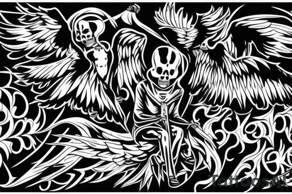 Grim reaper sitting on own wings without face, with the writing occulta apparentia tattoo idea