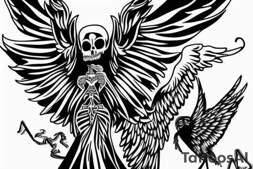 Grim reaper sitting on own wings without face, with the writing occulta apparentia tattoo idea