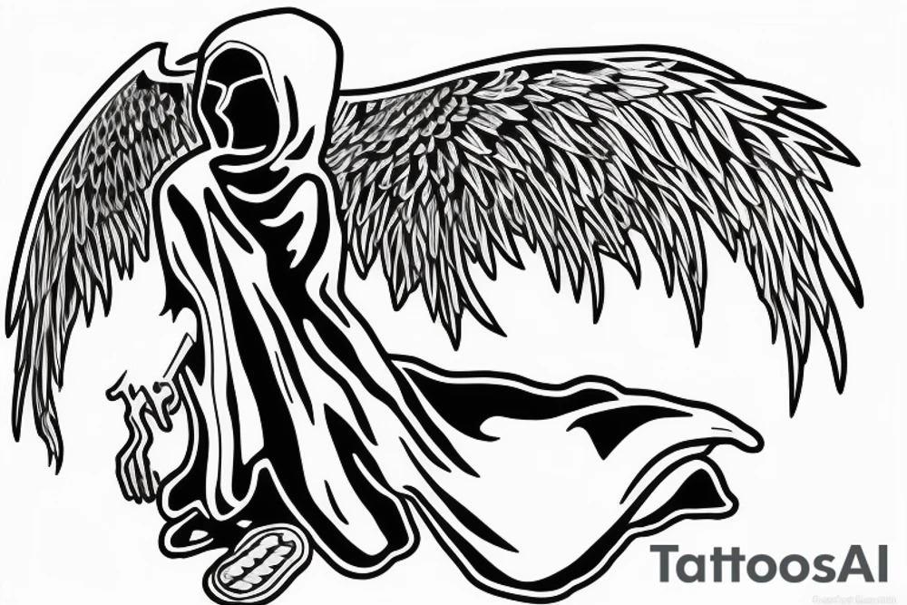Grim reaper sitting on own wings without a face (hooded), with the phrase "Occulta Apparentia" in the image tattoo idea