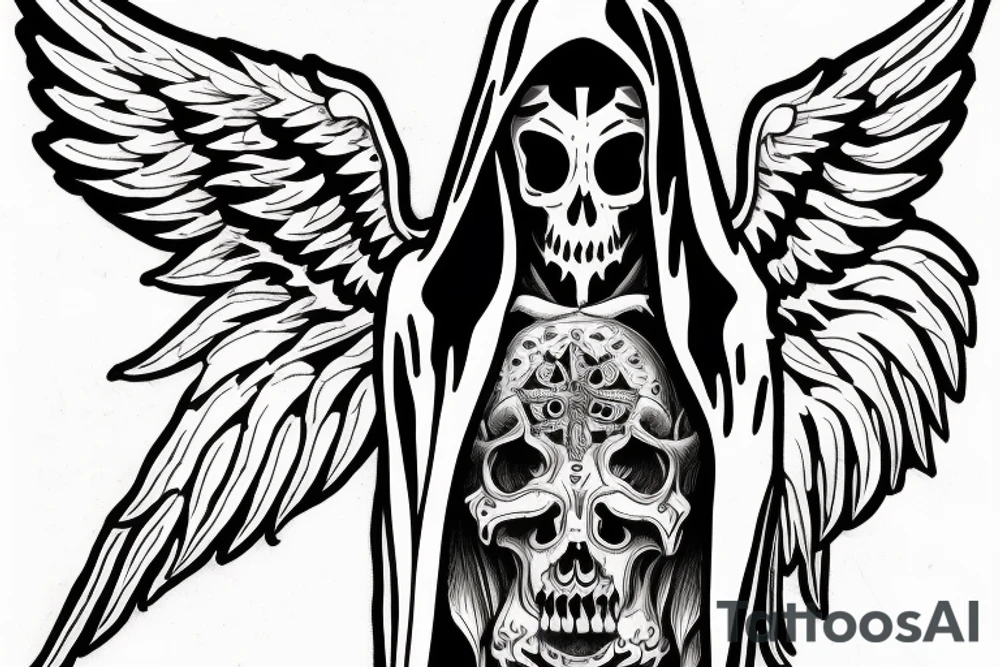 Grim reaper sitting on own wings without a face (hooded), with the phrase "Occulta Apparentia" in the image tattoo idea