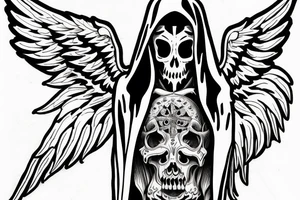 Grim reaper sitting on own wings without a face (hooded), with the phrase "Occulta Apparentia" in the image tattoo idea