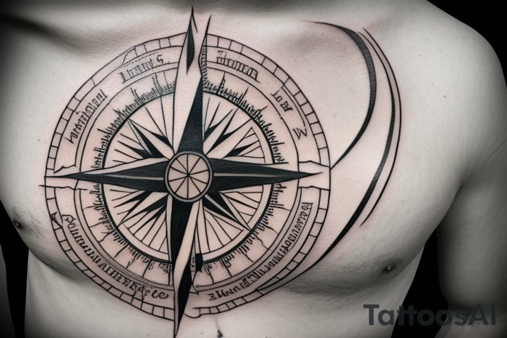 A chest tattoo of a detailed compass with N S E and W. The interior design of the compass is a cross with a ribbon hanging that says “Proverbs 3” tattoo idea