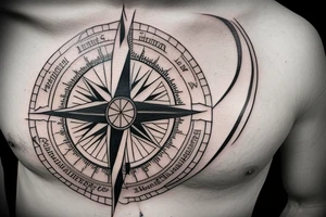 A chest tattoo of a detailed compass with N S E and W. The interior design of the compass is a cross with a ribbon hanging that says “Proverbs 3” tattoo idea