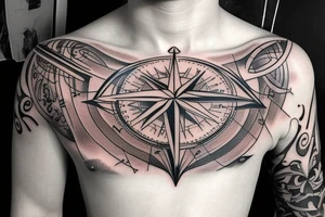 A chest tattoo of a detailed compass with N S E and W. The interior design of the compass is a cross with a ribbon hanging that says “Proverbs 3” tattoo idea