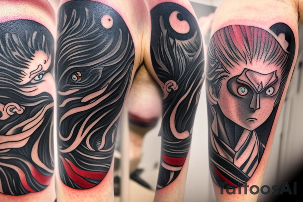 Design based on the Berserk anime and manga series. Tattoo placement is for a forearm half sleeve.

The eclipsed sun at the top center, the brand of the sacrifice in the center of the sun. Under the sun is the hand of god reaching up. On the left side of the hand is the portrait of Griffith as Femto looking to the right. On the ride of the hand of god is a portrait of Guts in his Berserker armor looking left tattoo idea