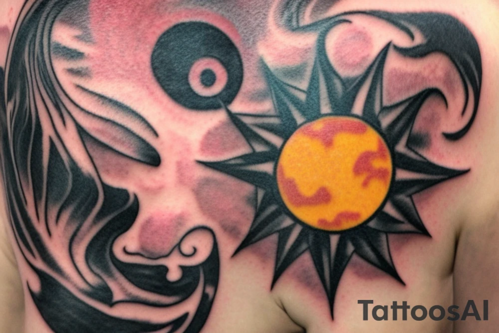 Design based on the Berserk anime and manga series. Tattoo placement is for a forearm half sleeve.

The eclipsed sun at the top center, the brand of the sacrifice in the center of the sun. Under the sun is the hand of god reaching up. On the left side of the hand is the portrait of Griffith as Femto looking to the right. On the ride of the hand of god is a portrait of Guts in his Berserker armor looking left tattoo idea
