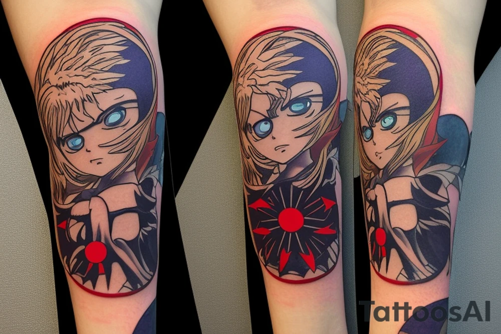Design based on the Berserk anime and manga series. Tattoo placement is for a forearm half sleeve.

The eclipsed sun at the top center, the brand of the sacrifice in the center of the sun. Under the sun is the hand of god reaching up. On the left side of the hand is the portrait of Griffith as Femto looking to the right. On the ride of the hand of god is a portrait of Guts in his Berserker armor looking left tattoo idea